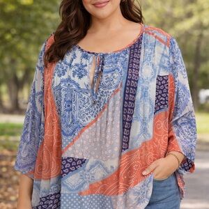 Tommy Hilfiger Blue and Orange Patterned Bohemian Blouse- size 1X